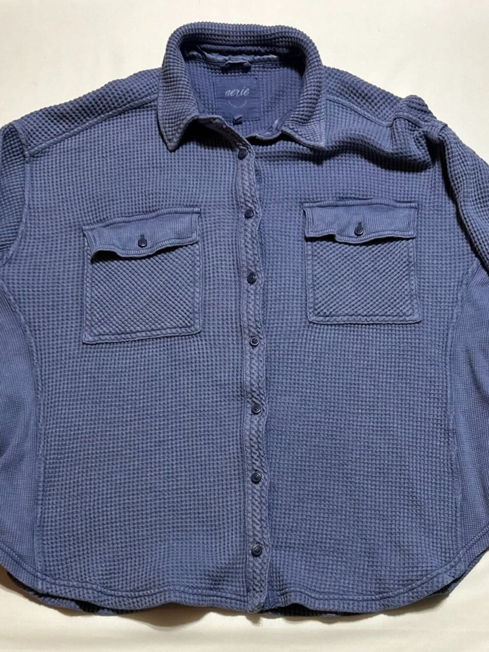 Aerie Long-Sleeve Button Down Shirt; Waffled; Blue; Double Breast Pockets; Large
